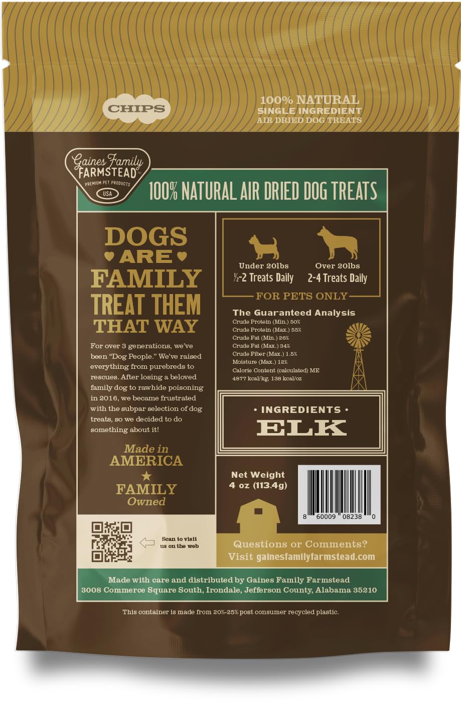 Gaines Family Farmstead Elk Chips low-calorie option—high-protein for lean pets.