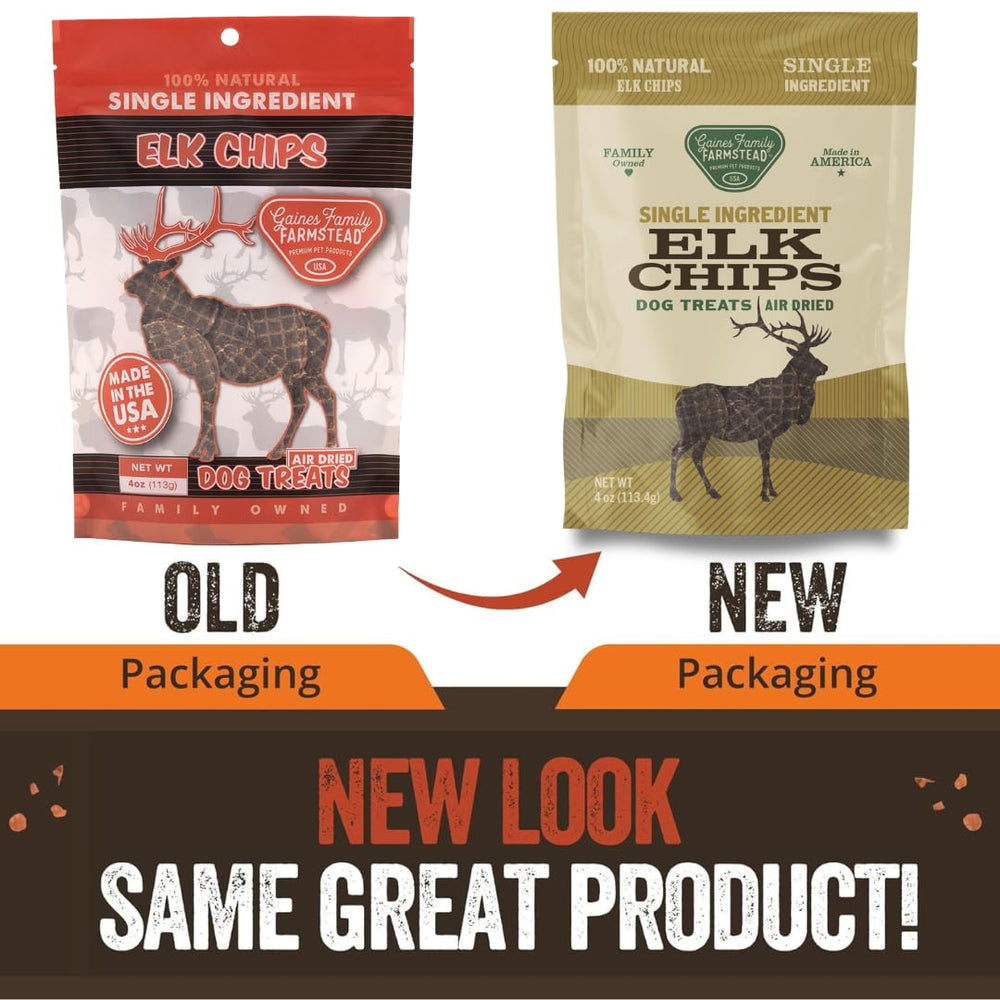 Gaines Family Farmstead Elk Chips texture closeup—air-dried protein-rich snack for active dogs.