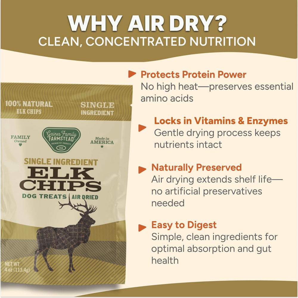 Gaines Family Farmstead Elk Chips USA-made badge—family-owned safety you can trust.