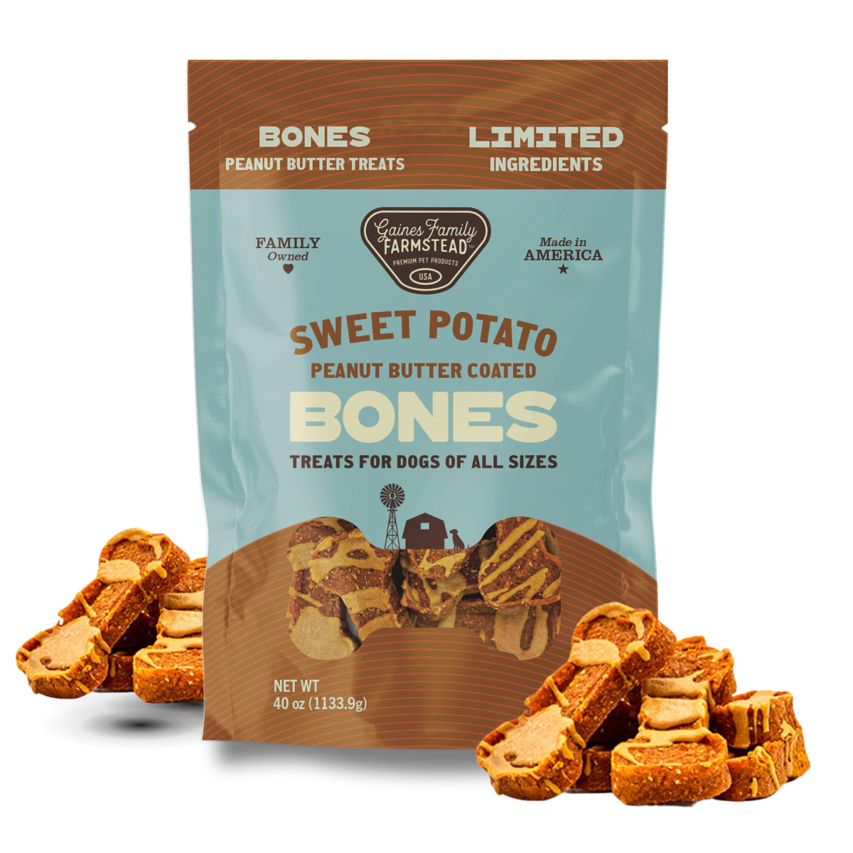 Gaines Family Farmstead peanut butter coated sweet potato dog bones – chewy training treats