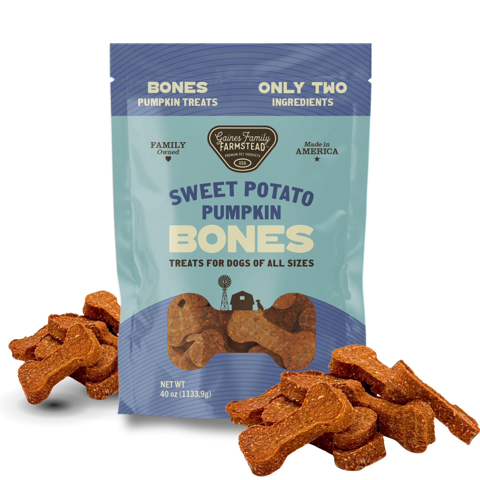 Gaines Family Farmstead pumpkin and sweet potato dog bones bag showing natural fiber-rich treats for digestion