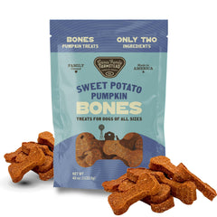 Gaines Family Farmstead pumpkin and sweet potato dog bones bag showing natural fiber-rich treats for digestion