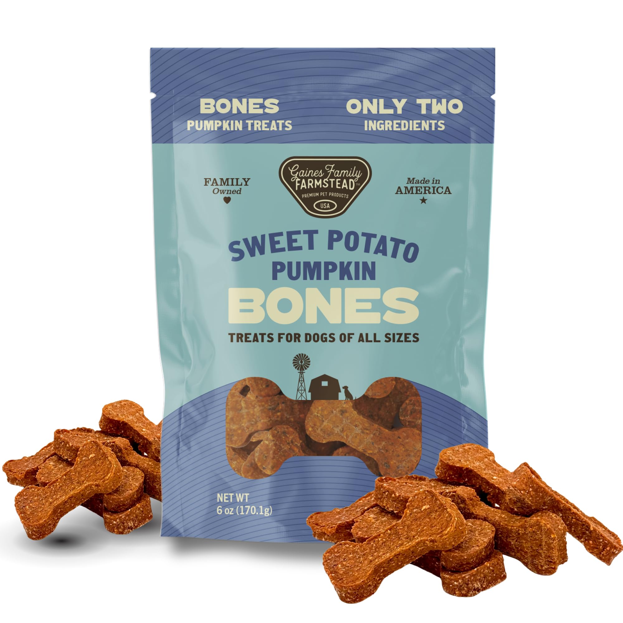 Gaines Family Farmstead Pumpkin & Sweet Potato Dog Bones, six-ounce pack, supports gentle digestion.