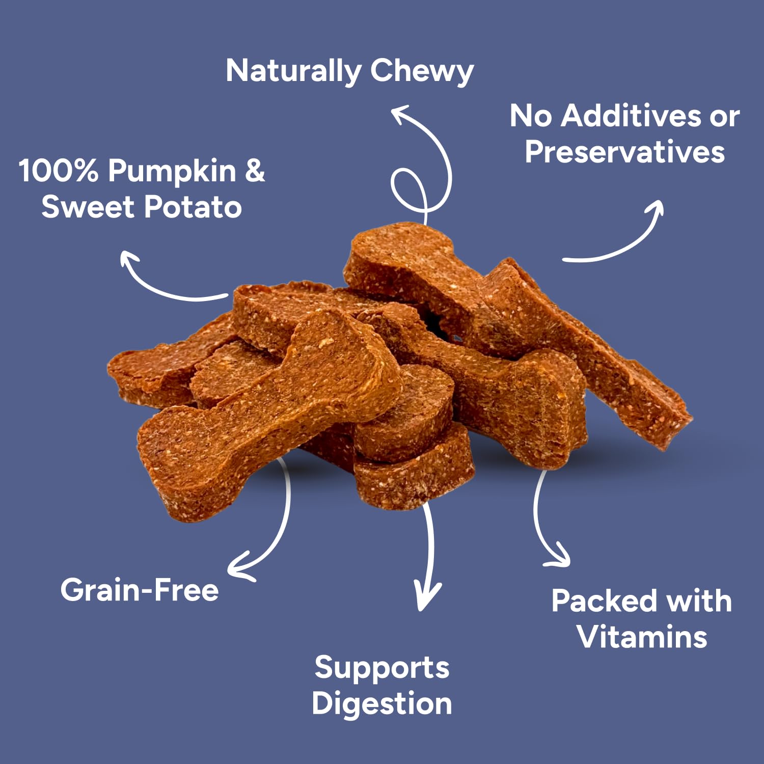 Gaines Family Farmstead pumpkin and sweet potato dog bones close-up; natural ingredients support immunity