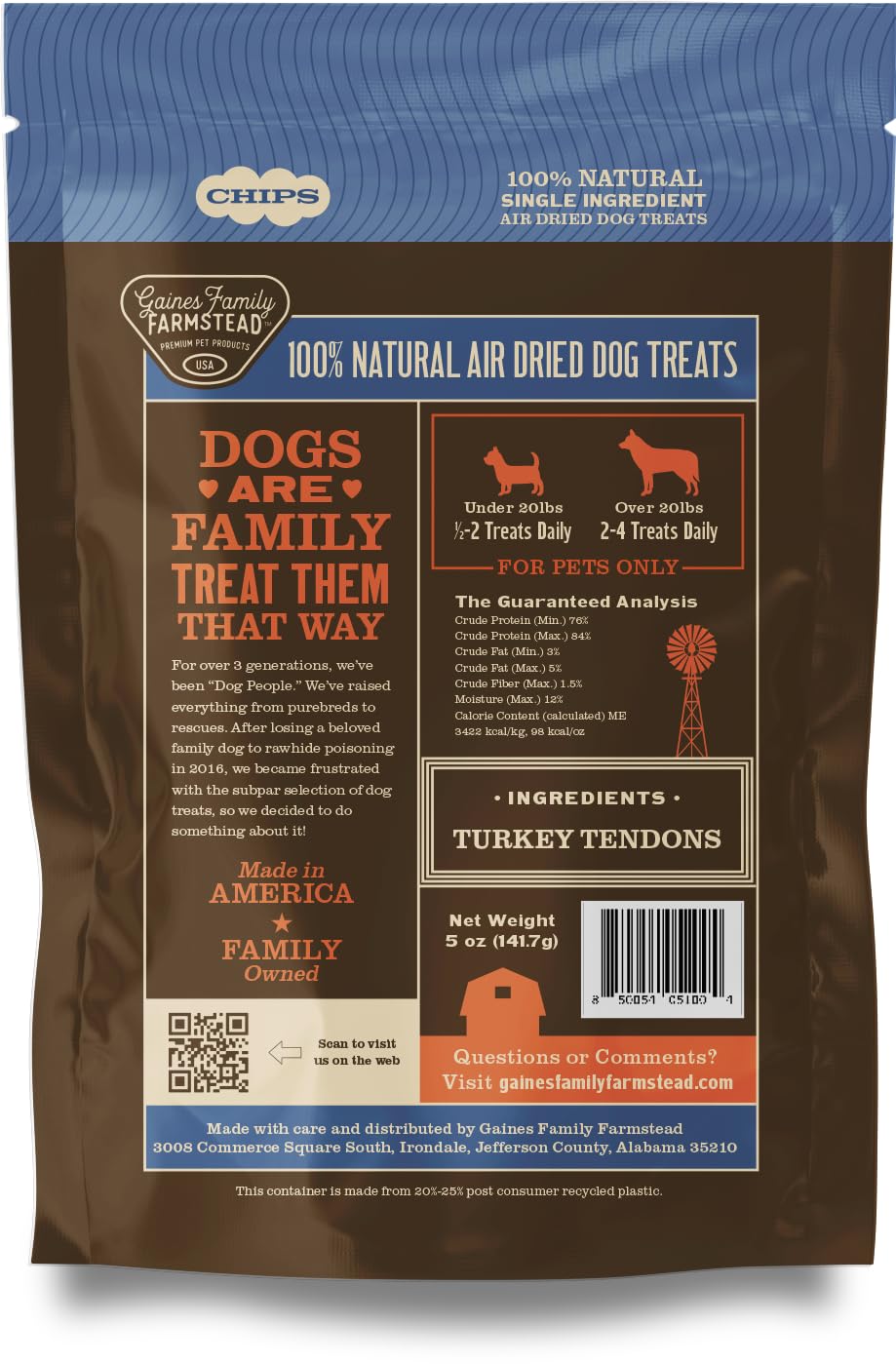 Gaines Family Farmstead single-ingredient turkey tendon offers a natural chew option.