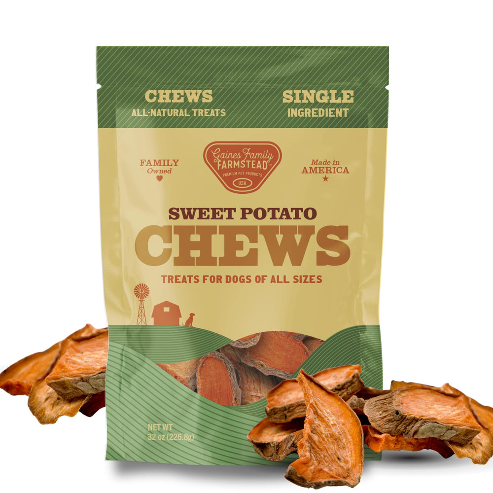 Gaines Family Farmstead Sweet Potato Chews packaging close-up, USA-made, a natural daily dog treat.