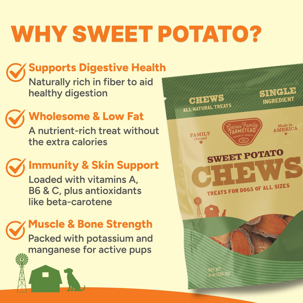 USA-made on a family farm for Gaines Family Farmstead sweet potato chews.