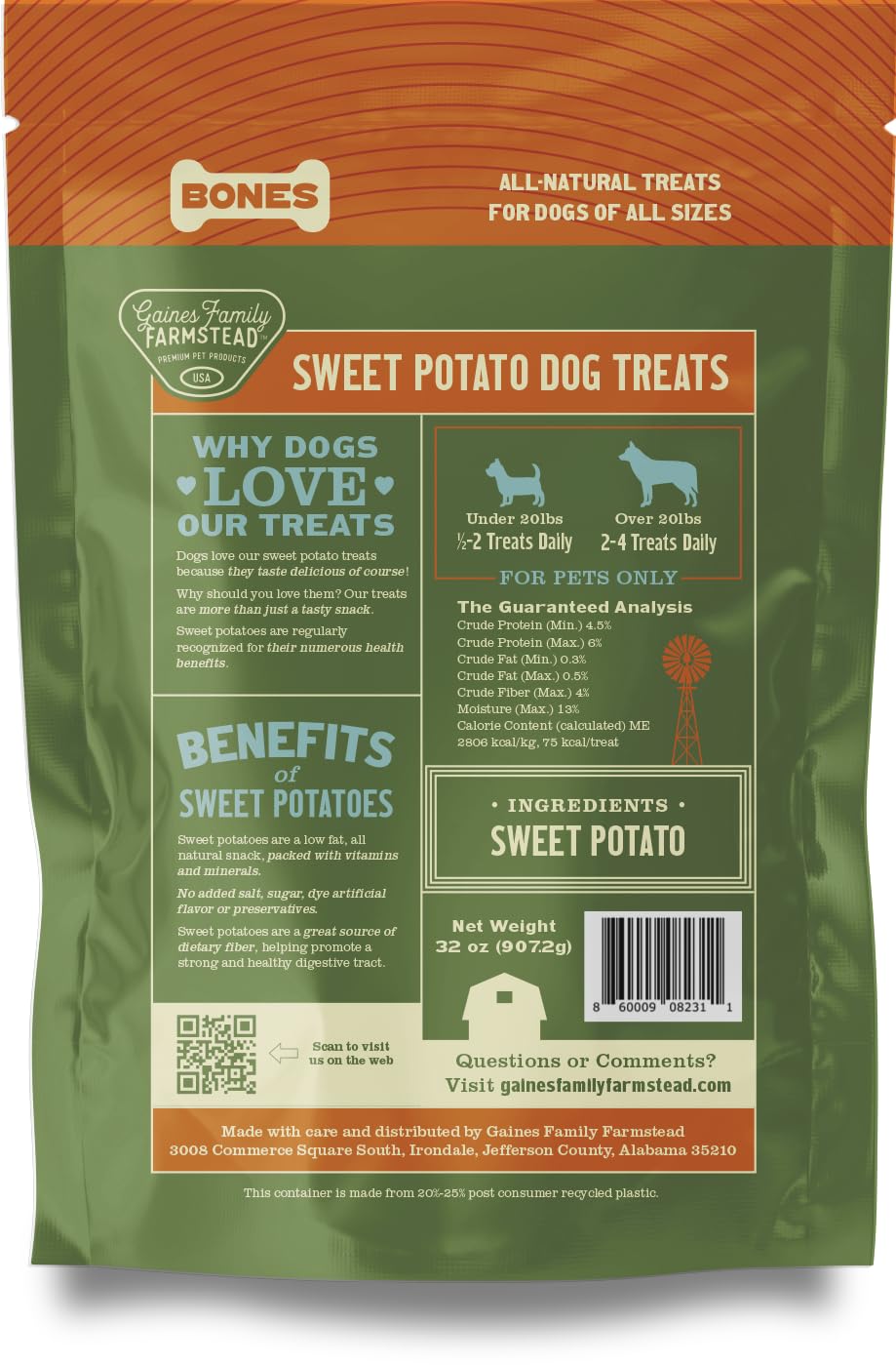 Gaines Family Farmstead Sweet Potato Dog Bones produced in North Carolina