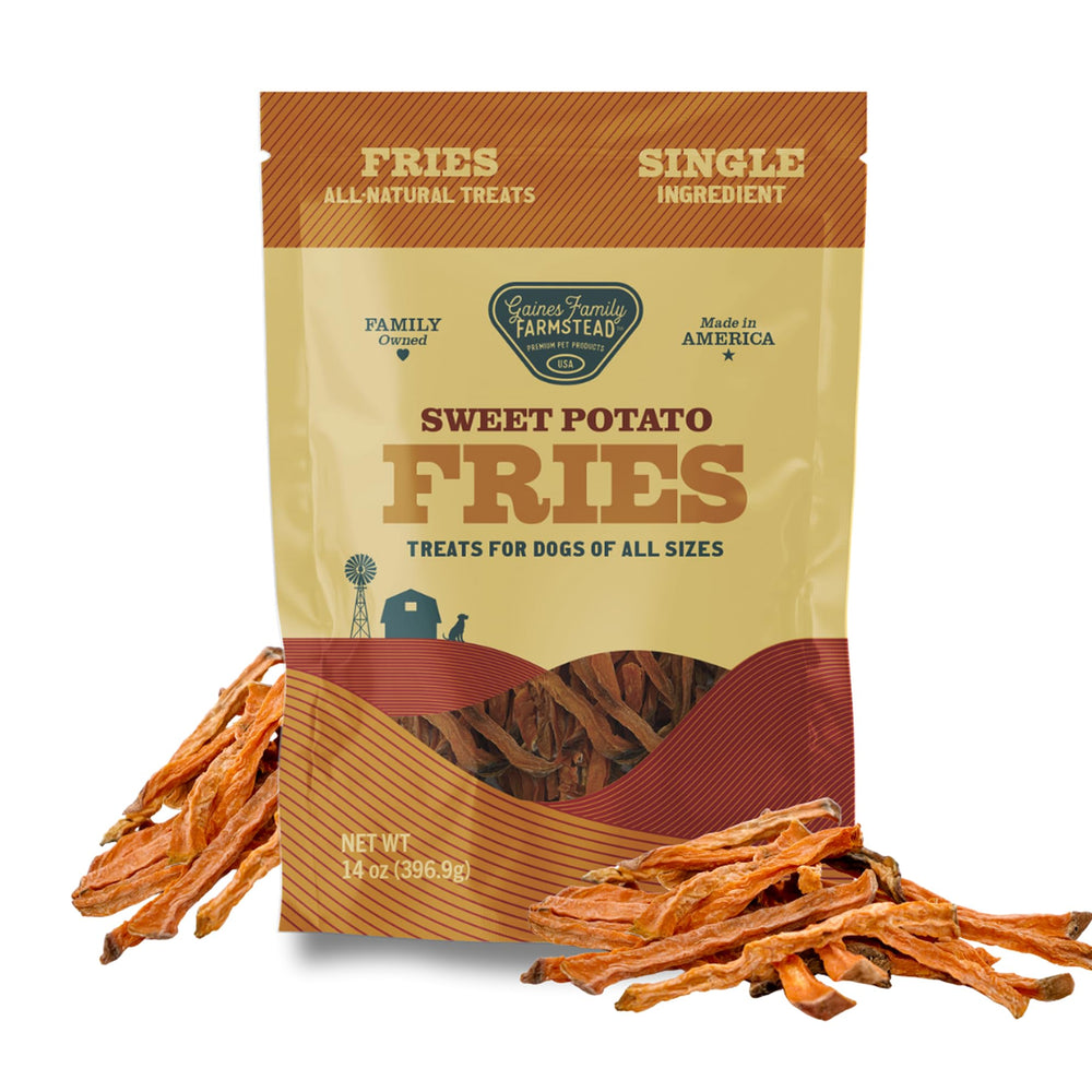 Gaines Family Farmstead sweet potato fries for dogs in 14oz bag; grain-free and single-ingredient.