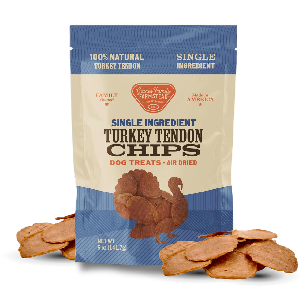 Gaines Family Farmstead turkey tendon chips, a crunchy dog treat for canine energy.
