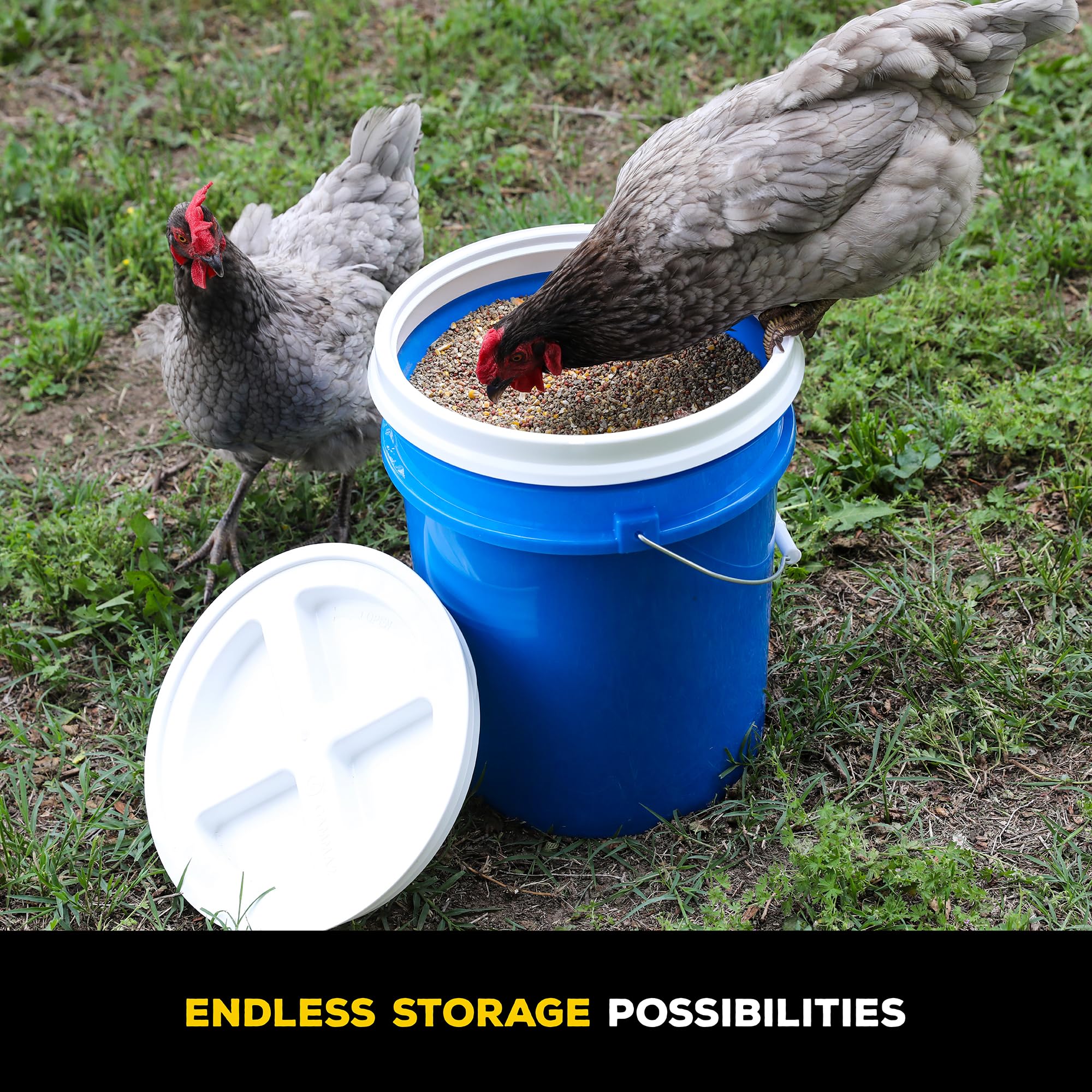 Gamma Seal Lid color-coded storage helps separate bulk foods and supplies.