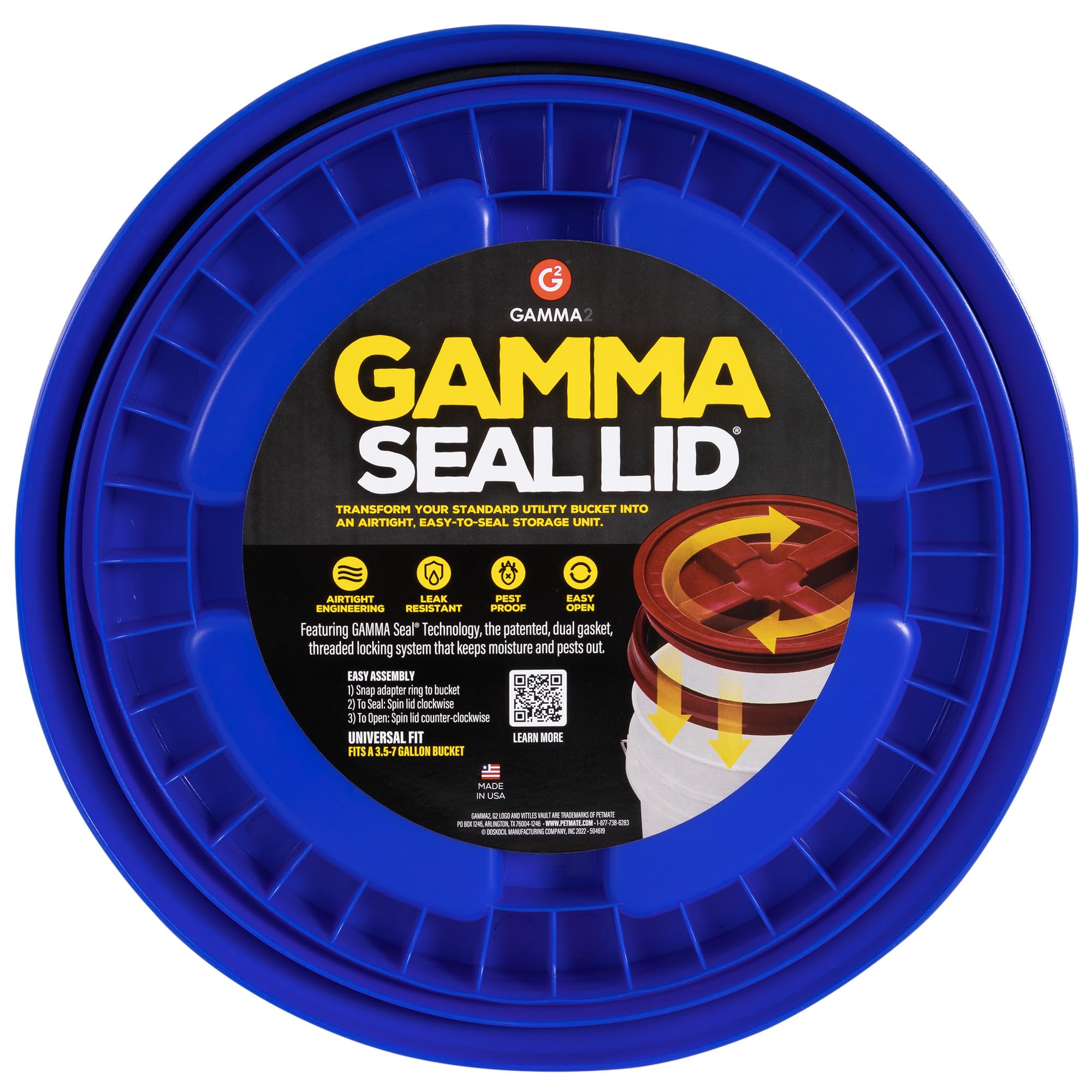 Gamma2 Gamma Seal Lid on a bucket enabling airtight storage of dry goods.