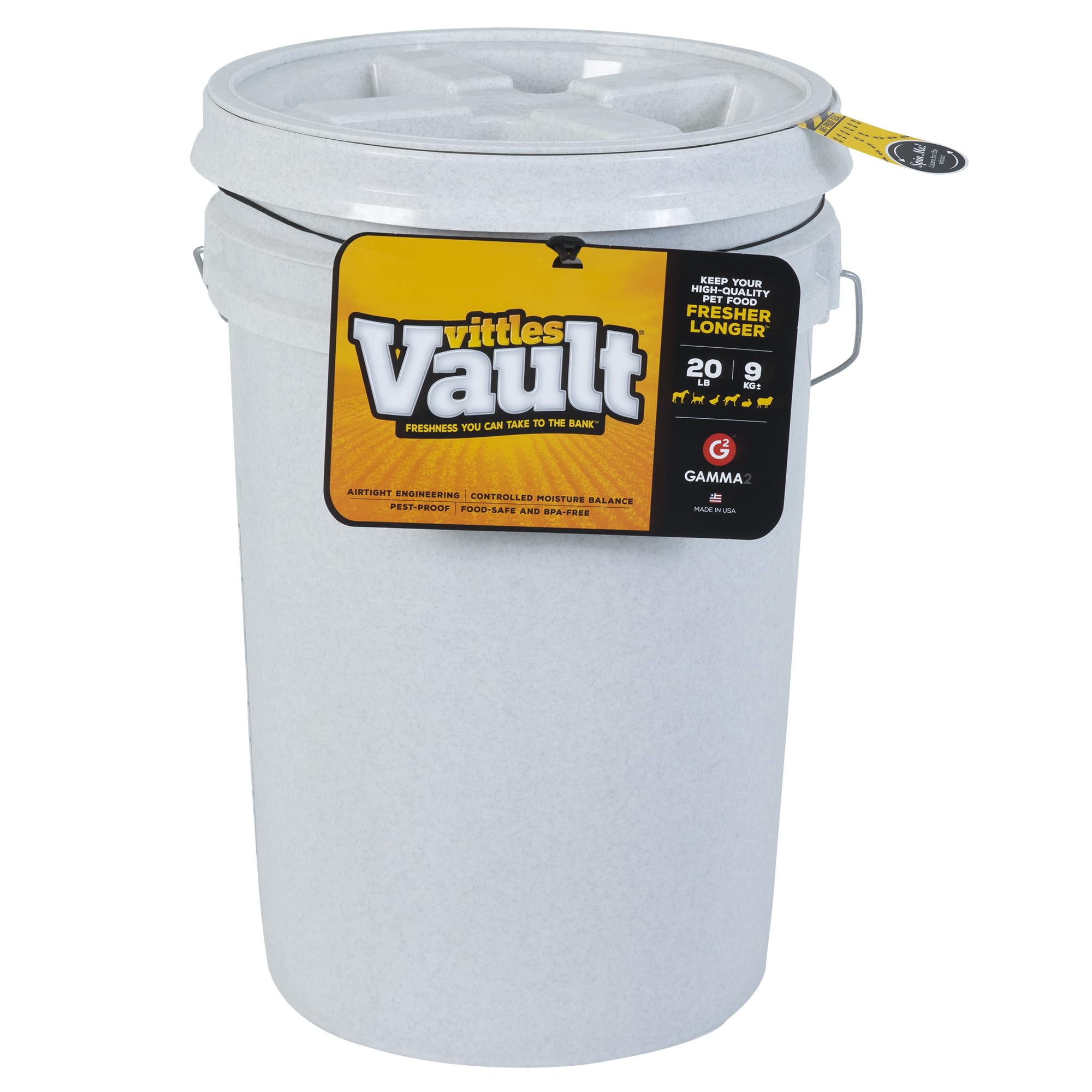 Gamma2 Vittles Vault stores up to 20 lb of dry food with secure storage.