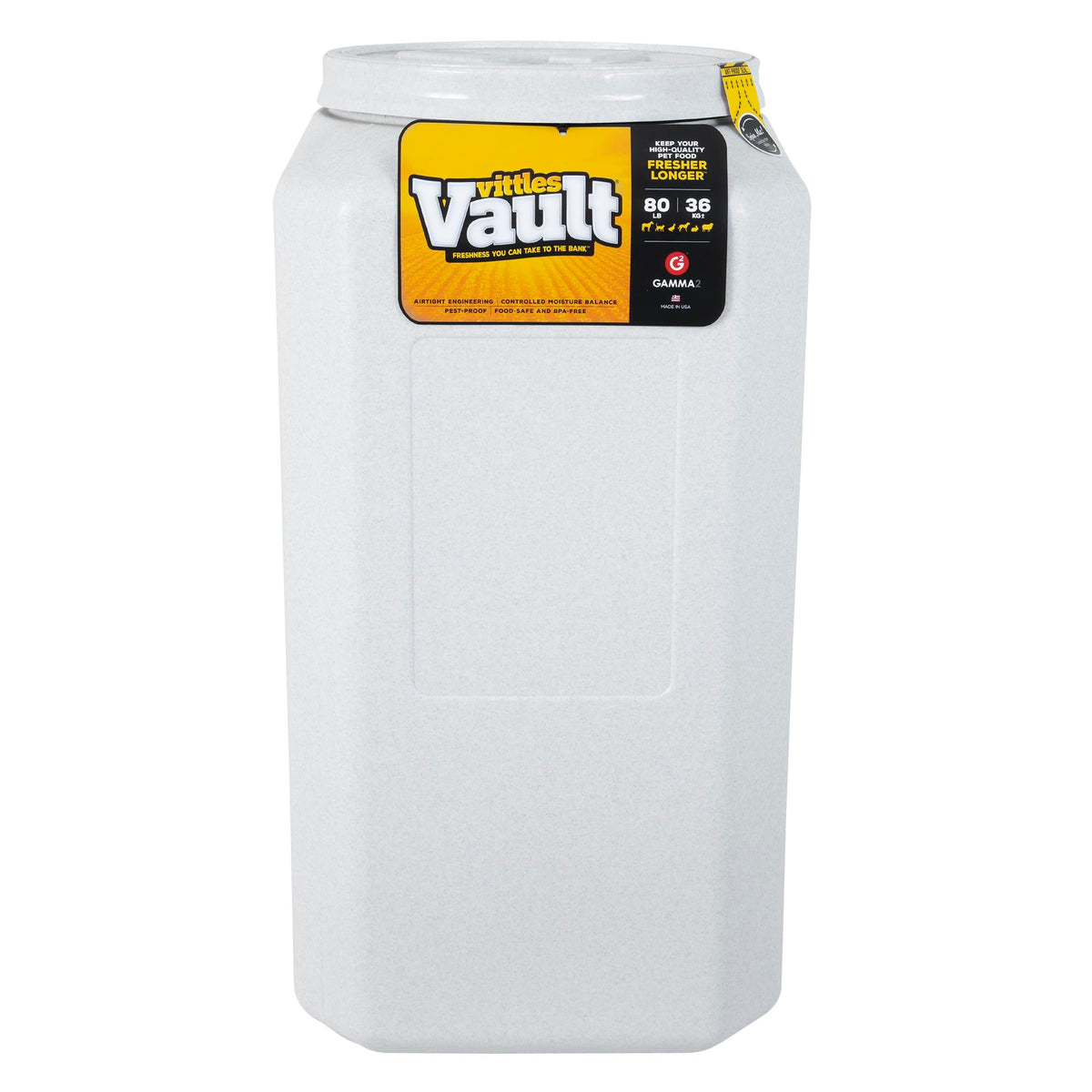 Gamma2 Vittles Vault front view showing 80 lb capacity for kibble storage.