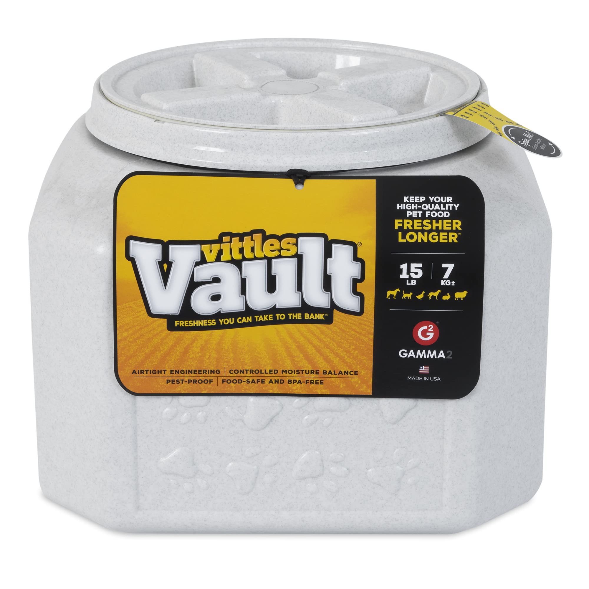 Gamma2 Vittles Vault with airtight lid keeps kibble fresh and odors contained.