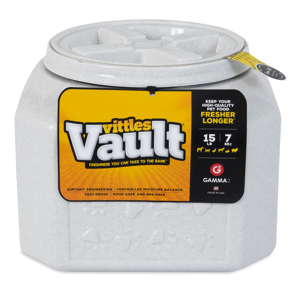 Gamma2 Vittles Vault with airtight lid keeps kibble fresh and odors contained.