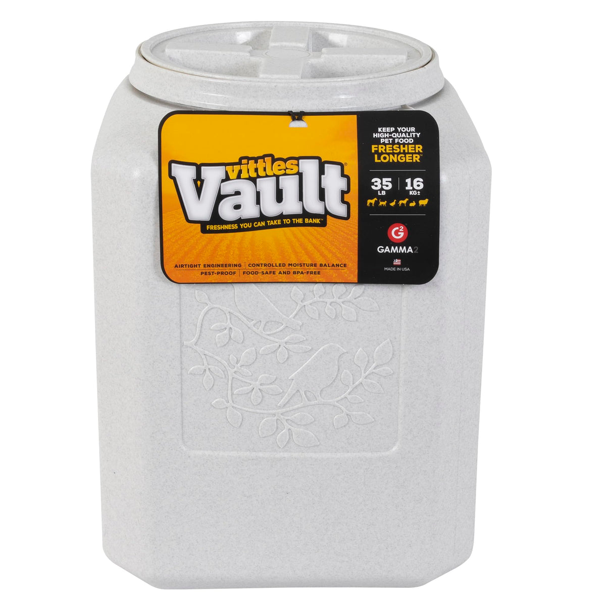 Gamma2 Vittles Vault bird seed storage with airtight seal preserves freshness.