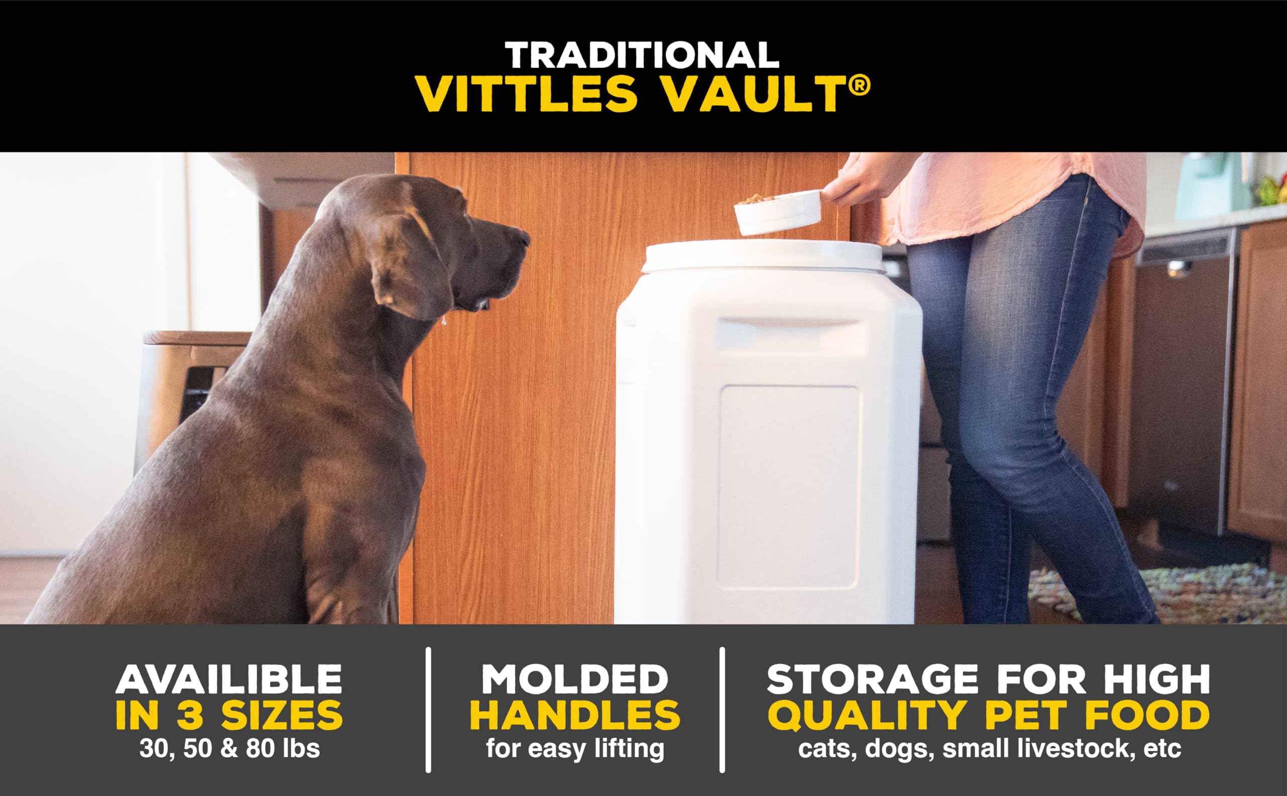 Gamma2 Vittles Vault multiuse storage for dog kibble, bird seed, or cereals.