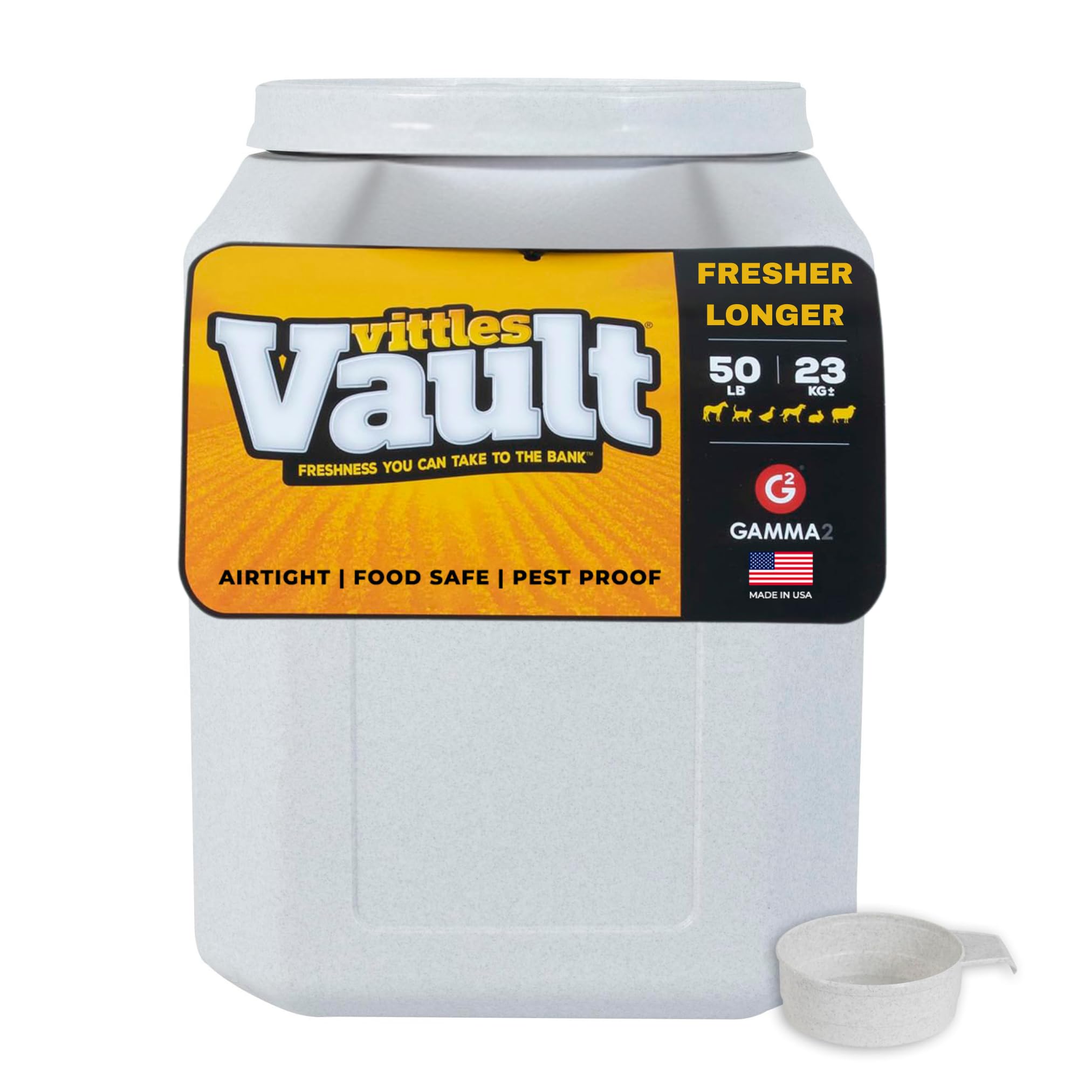 Gamma2 Vittles Vault front view shows 50 lb capacity and airtight seal.