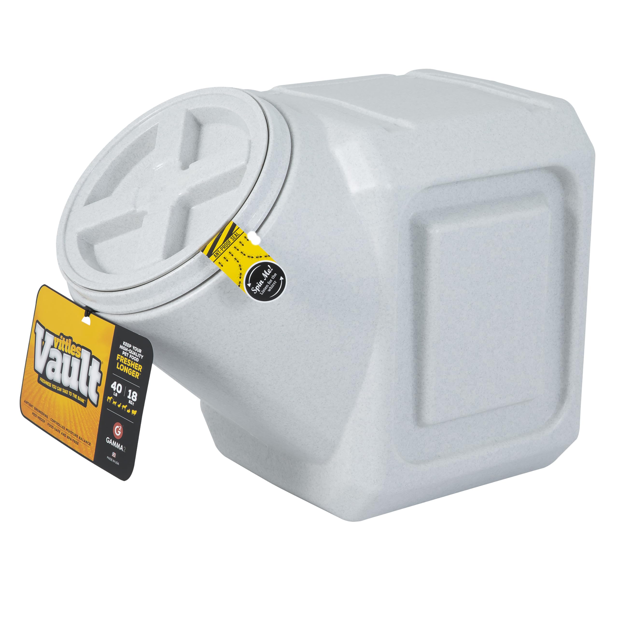 Gamma2 Vittles Vault Outback 40 lb capacity stores dry pet food while preserving freshness.