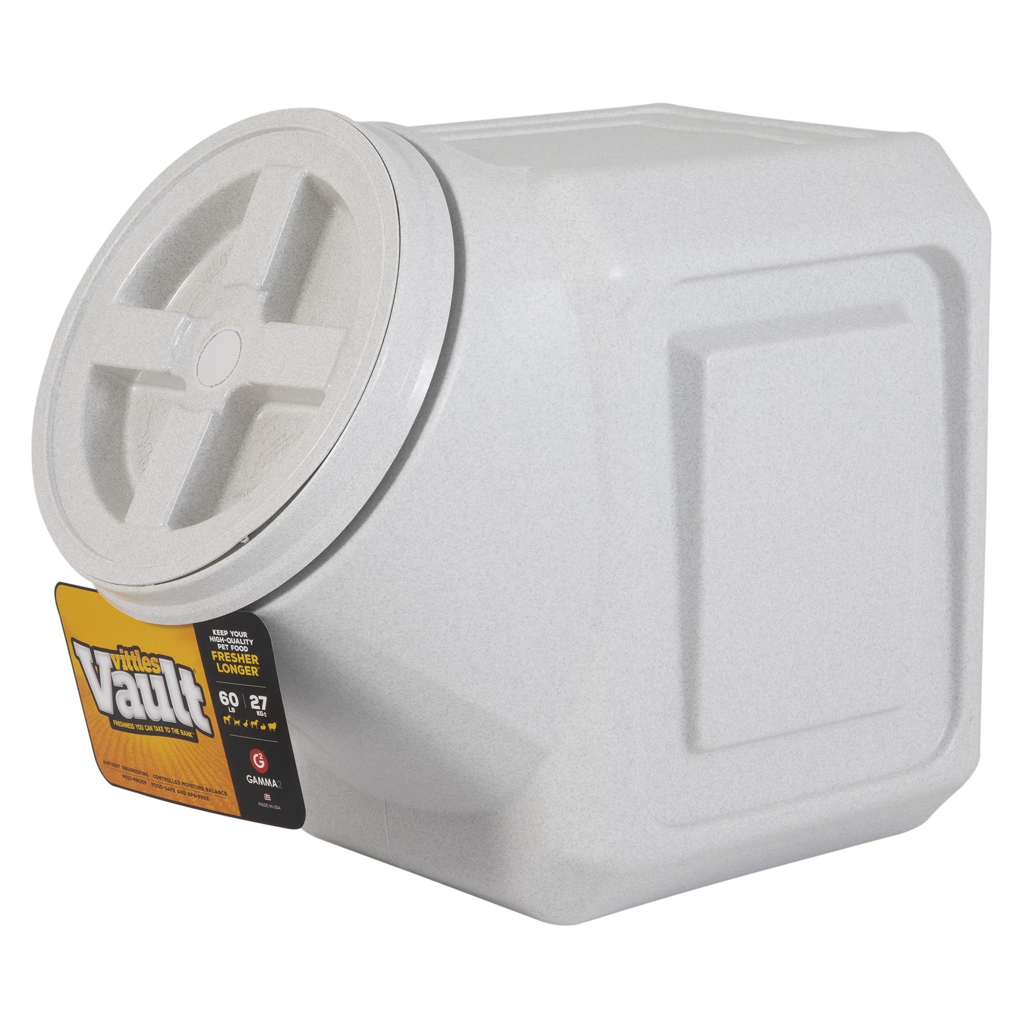 Gamma2 Vittles Vault stackable dog food bin lid keeps kibble fresh and organized.