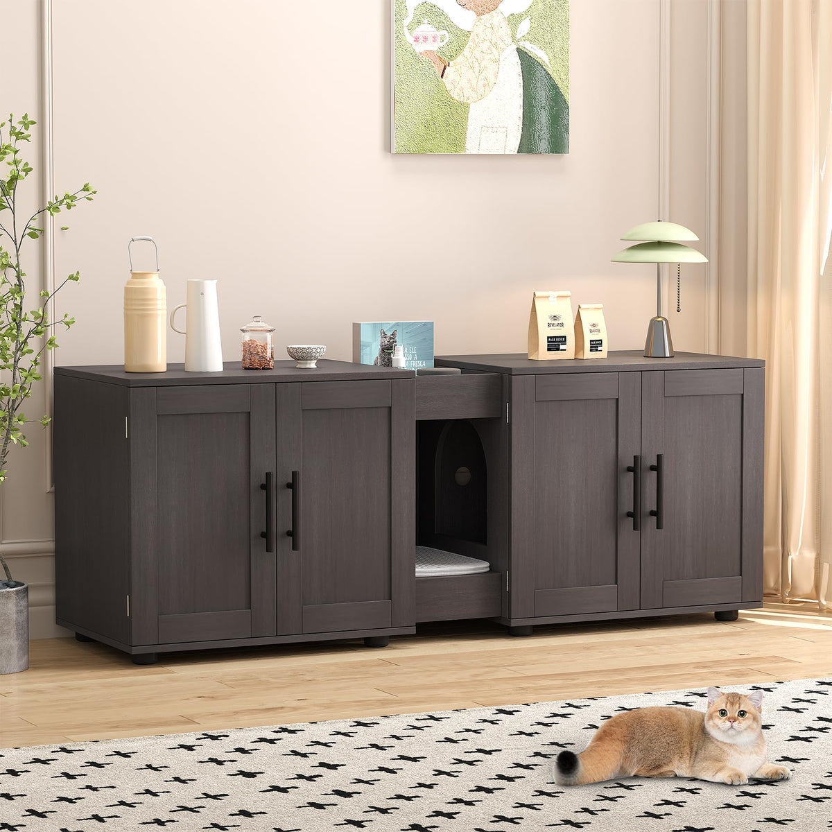 GAOMON Litter Box Enclosure with Double Room shows two-cat setup for discreet use