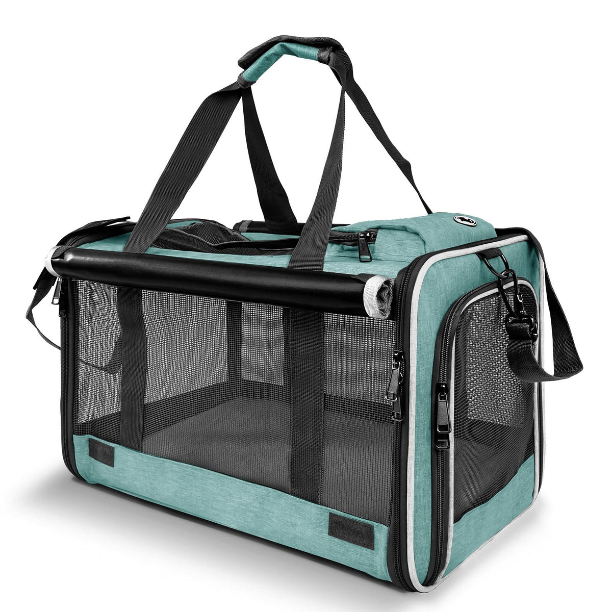 GAPZER 18-inch dog carrier in teal shows roomy dimensions for comfortable travel
