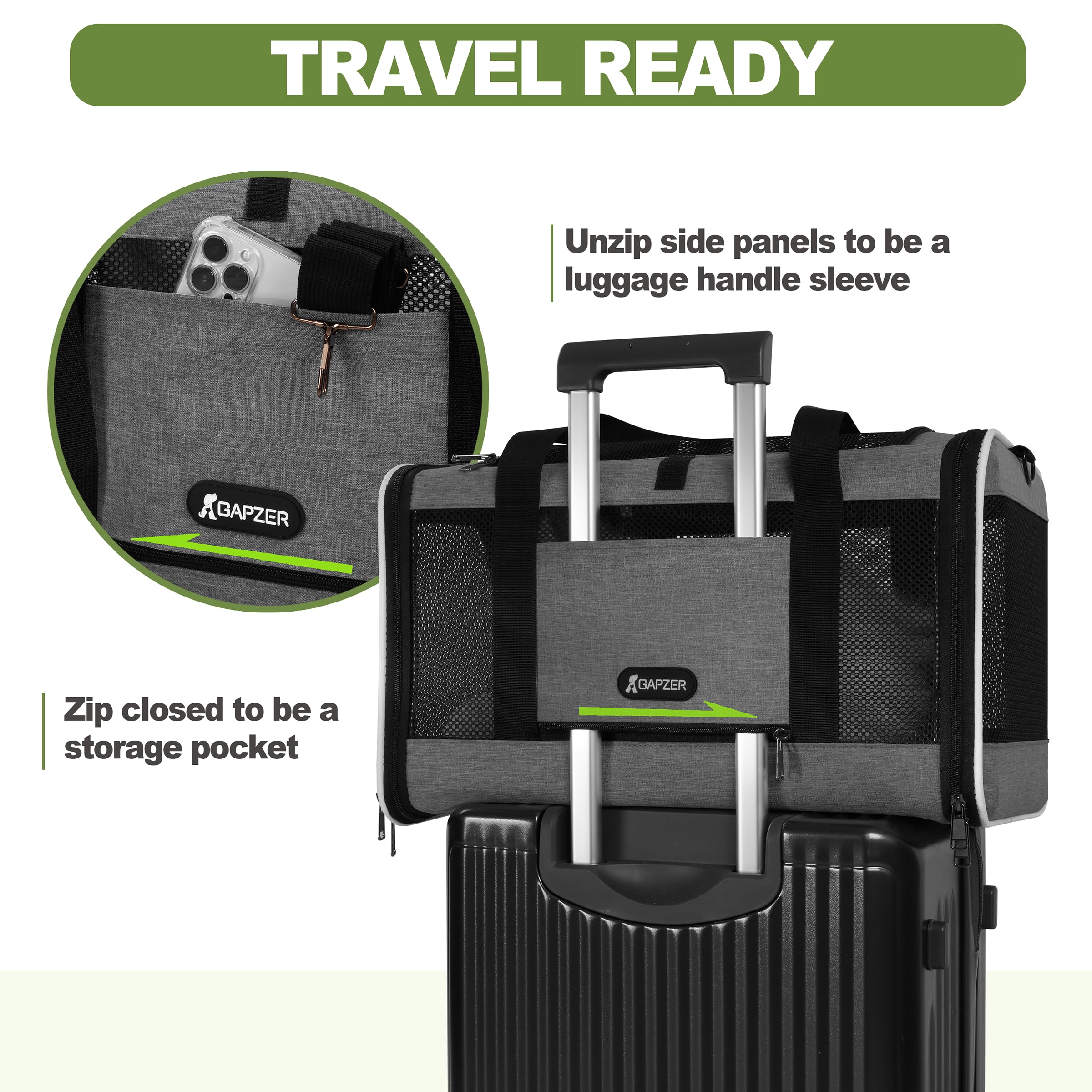 GAPZER adjustable shoulder strap enables hands-free transport through airports and vet visits