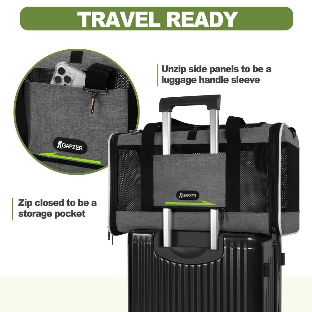 GAPZER adjustable shoulder strap enables hands-free transport through airports and vet visits