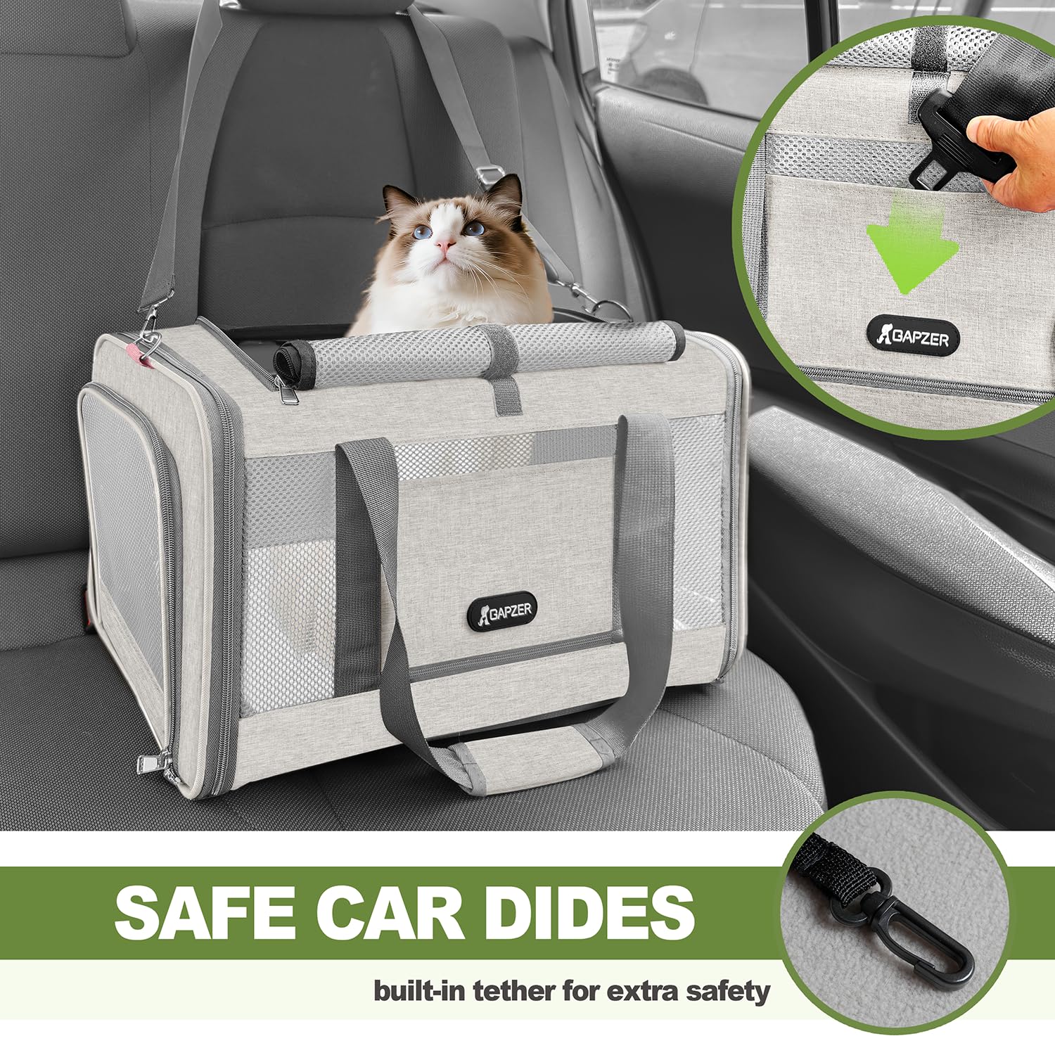 GAPZER cat carrier seatbelt compatibility for car safety.