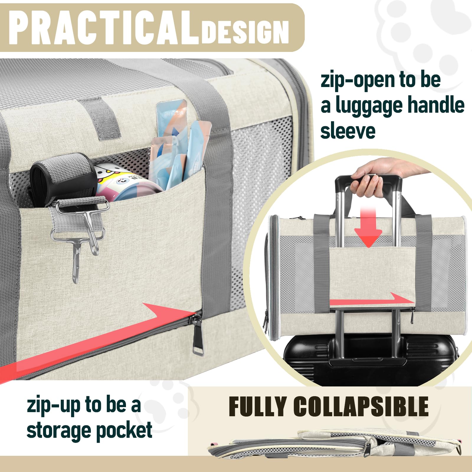 Gapzer collapsible carrier with storage pocket for toys and treats