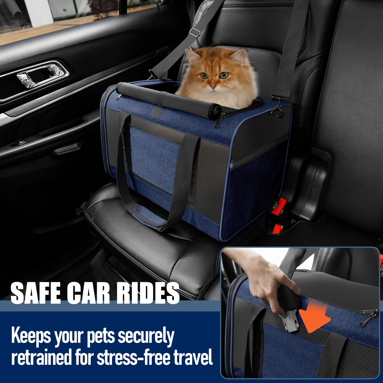 Gapzer interior tether and reflective stripe inside navy carrier for safety.