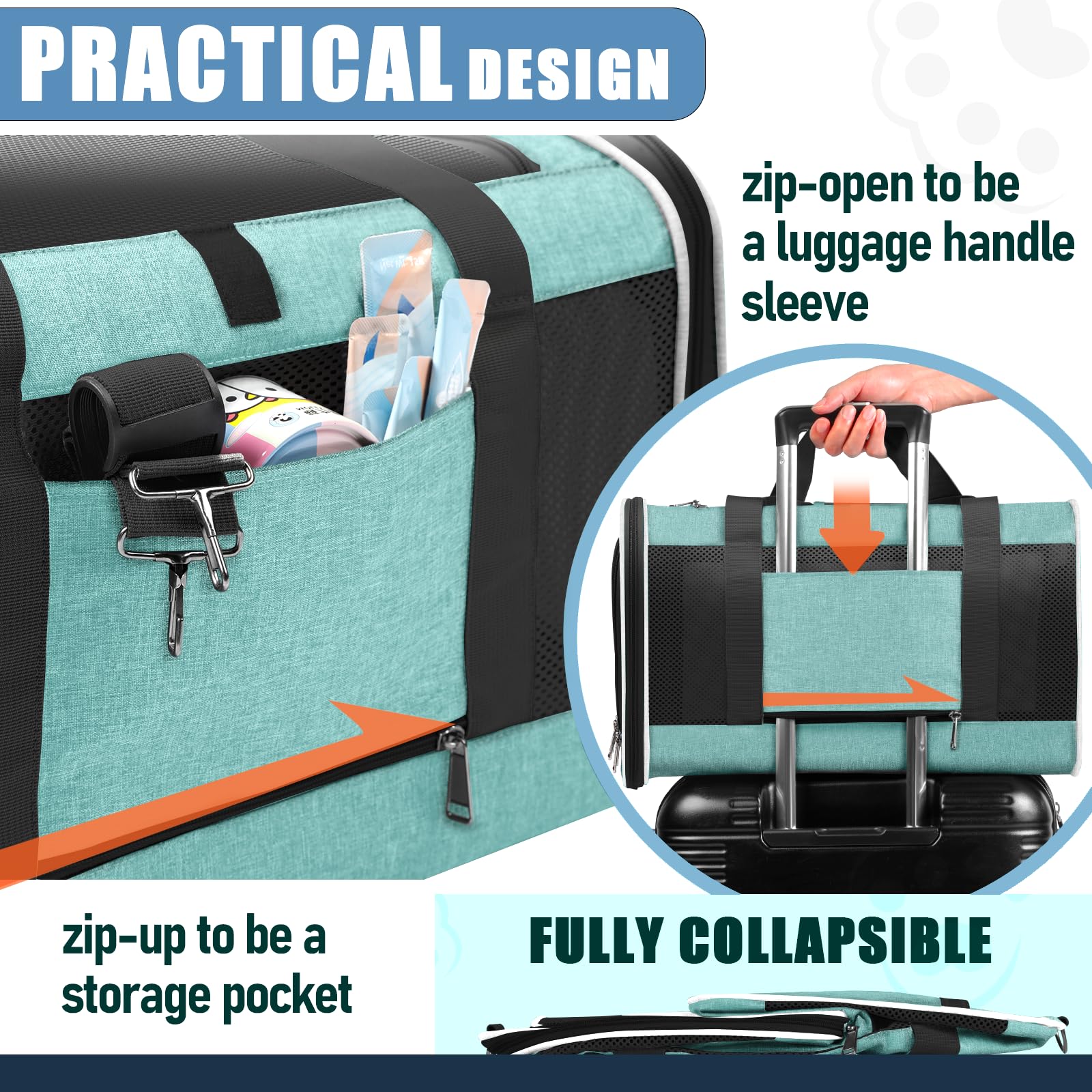 GAPZER Soft Cat Carrier teal storage pocket for essentials