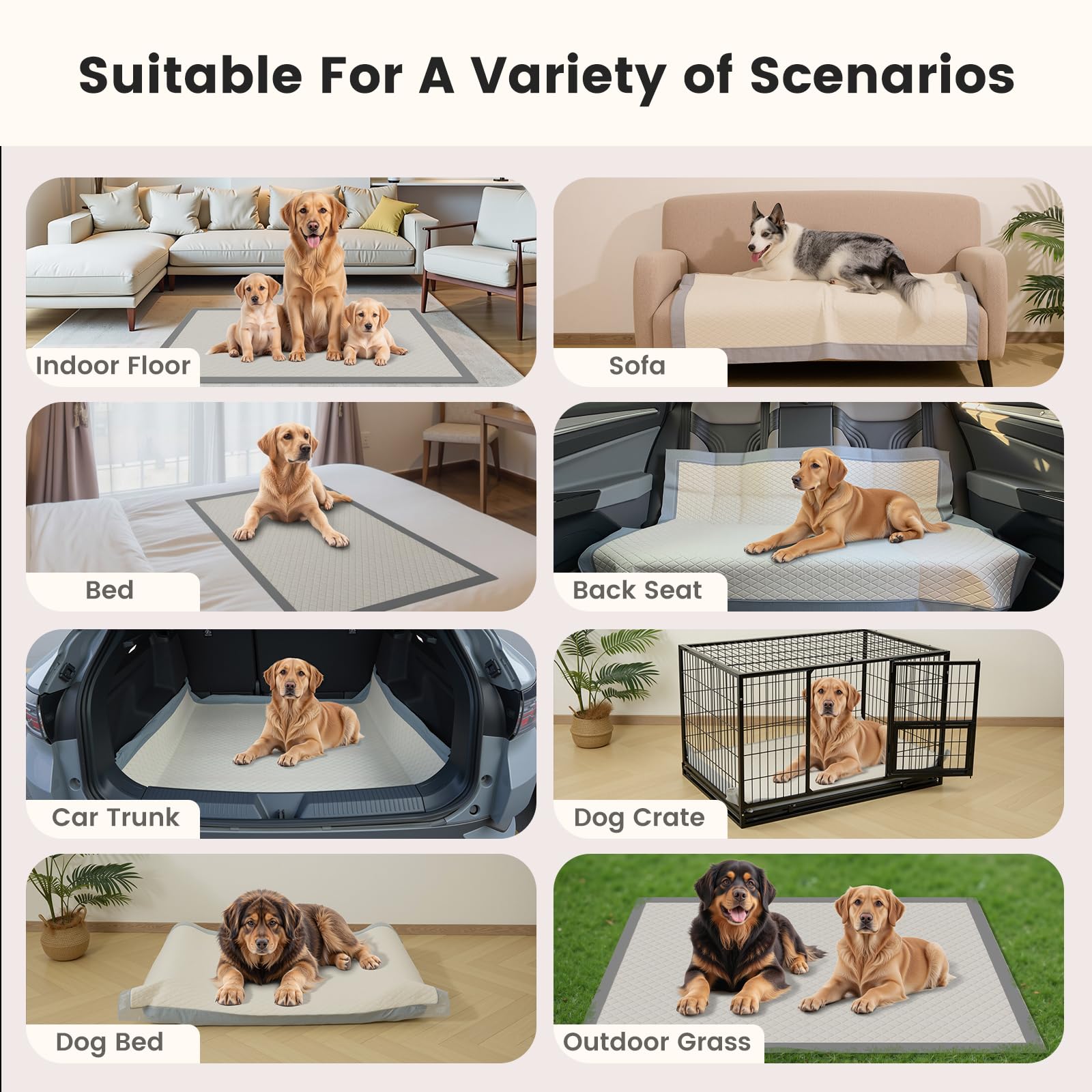 Gardner Pet pads versatile for crates, cars, travel, and home use.