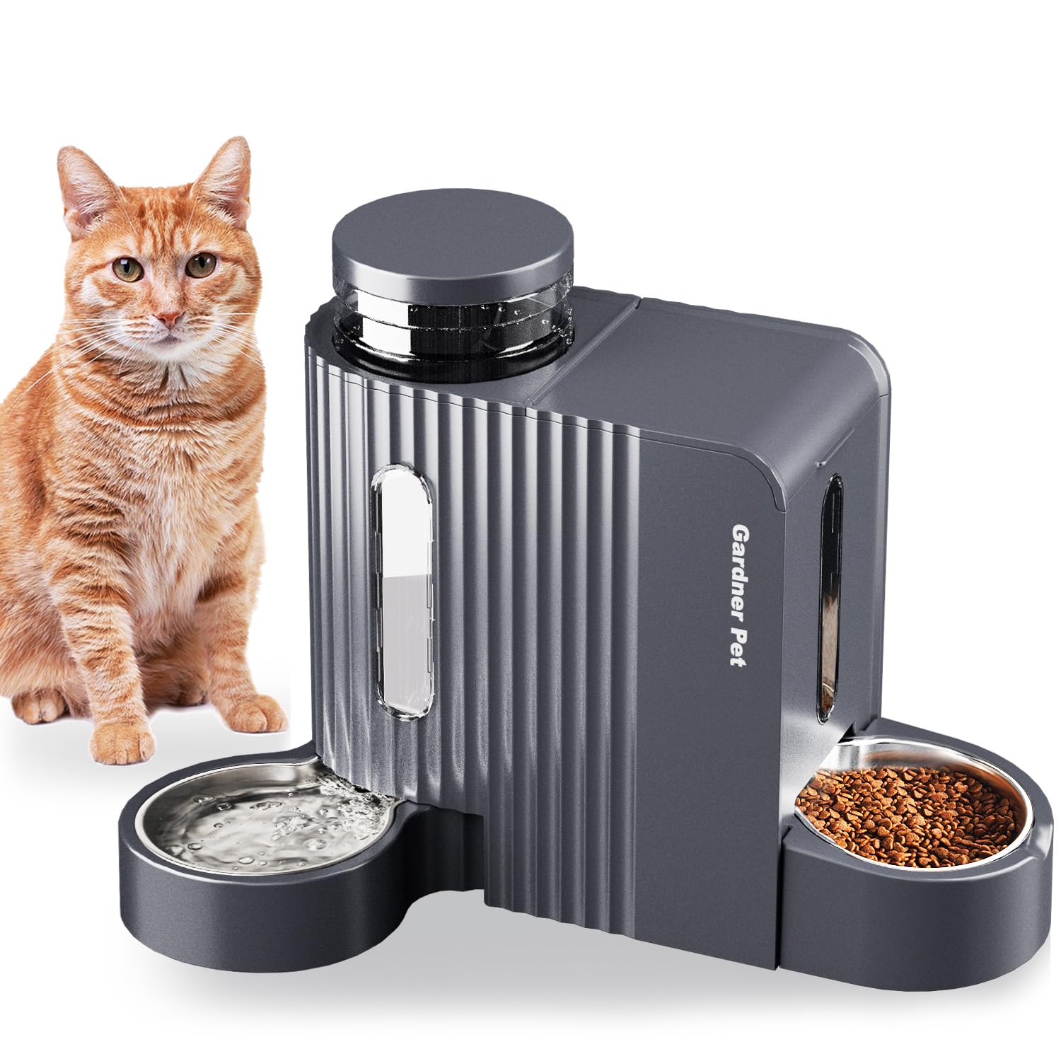 Gardner Pet automatic gravity feeder viewed from side showing the feeding area and display of dry food flow