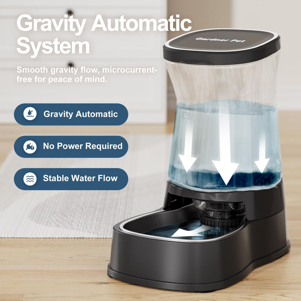 Gardner Pet gravity water dispenser bowl close-up, stainless steel bowl for easy cleaning.