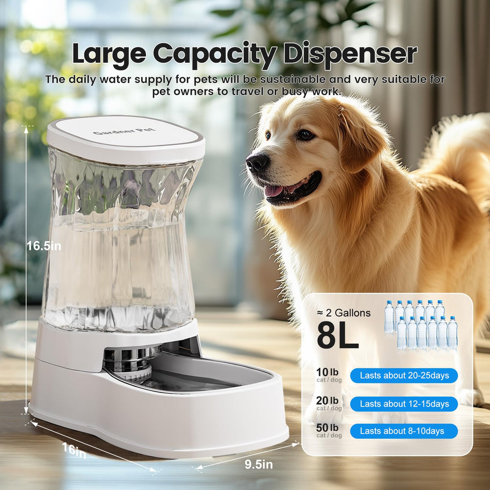 Gardner Pet gravity-refill-system shows steady hydration for pets all day.