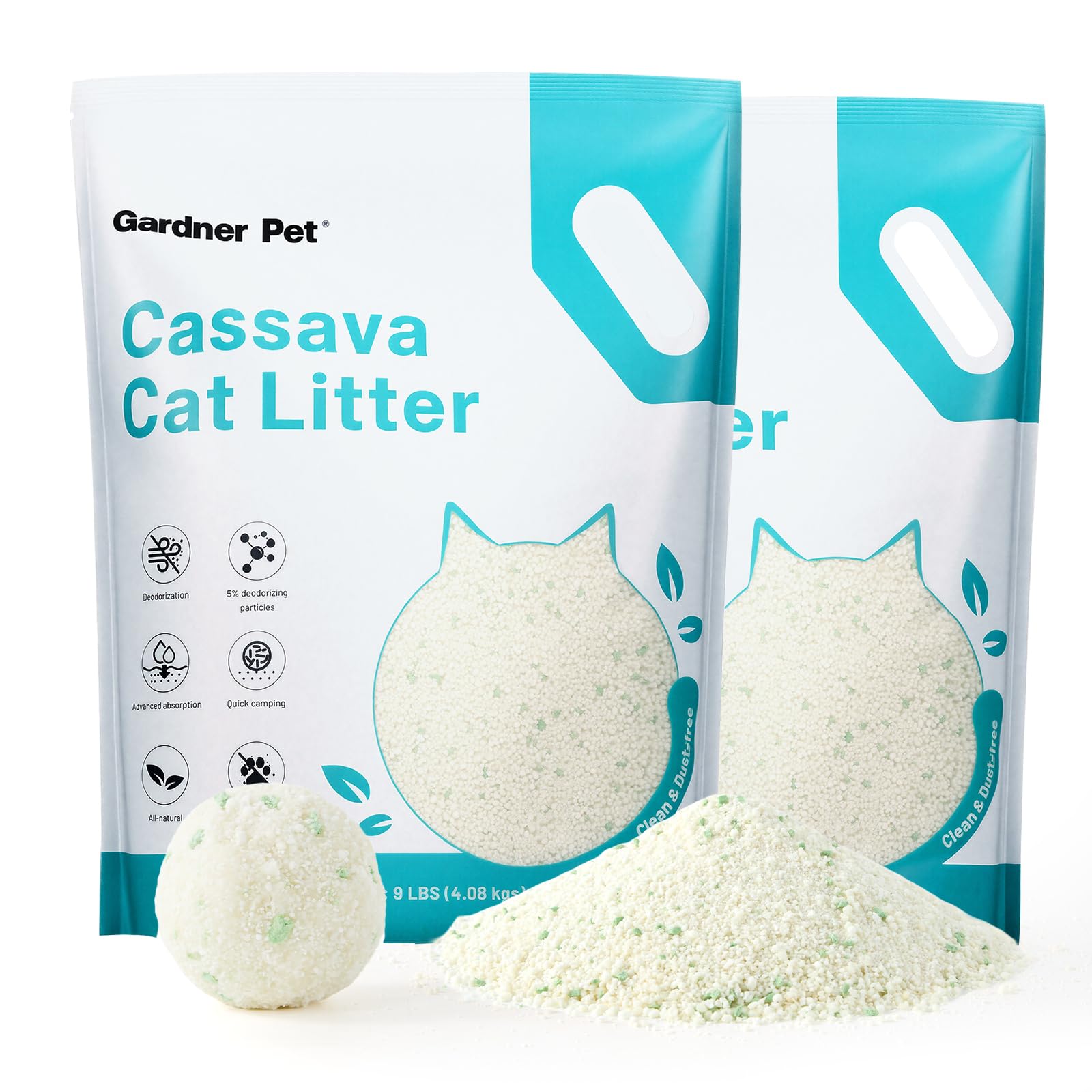 Gardner Pet Cassava Cat Litter odor-control for a fresher litter box.