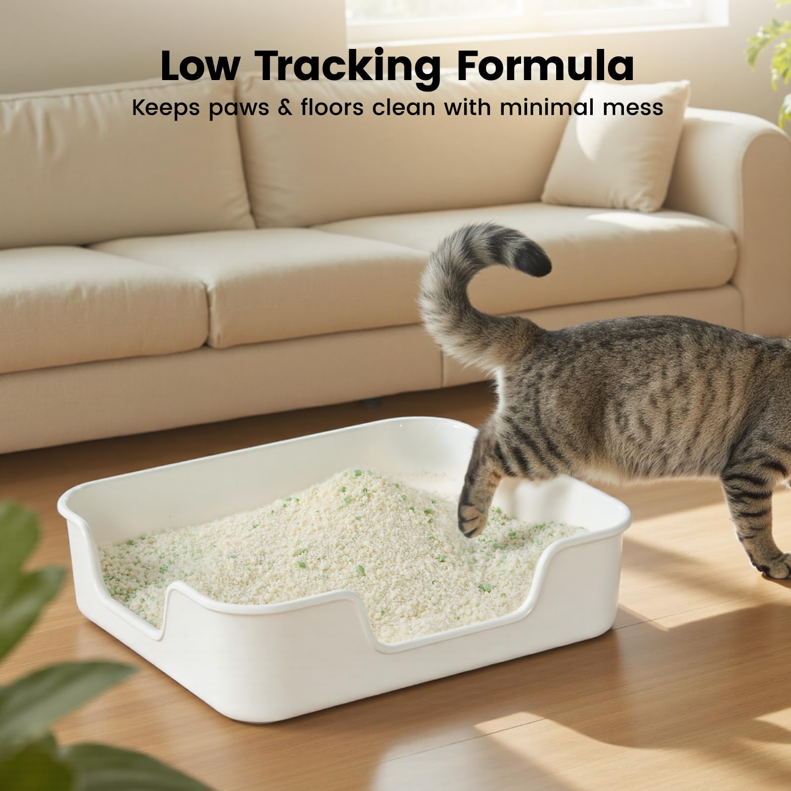 Gardner Pet Cat Litter low-tracking pellets keep floors cleaner.