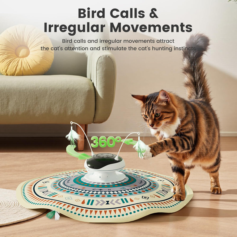 Gardner Pet 360-degree rotation fluttering feather adds tactile stimulation and unpredictable motion.