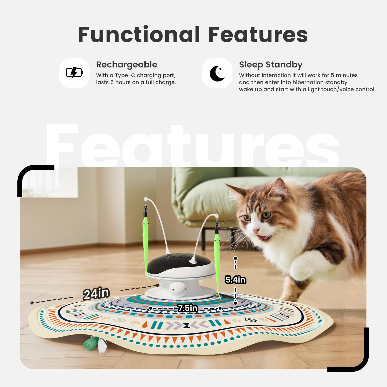 Gardner Pet rechargeable design enables long play sessions with battery indicators.