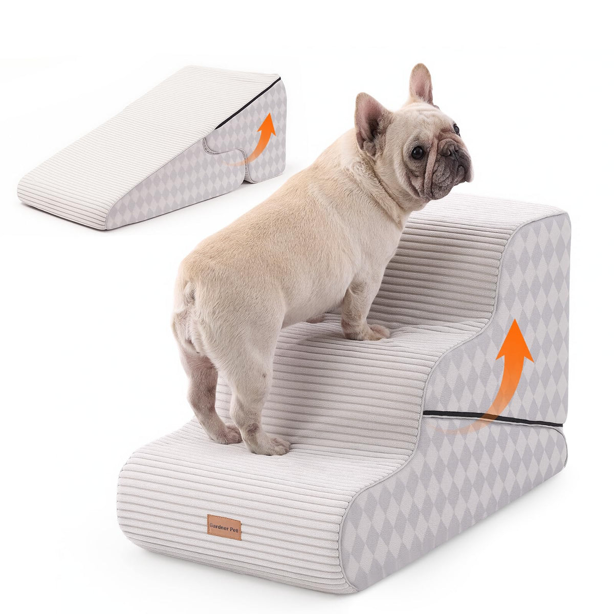 Gardner Pet 2-in-1 dog stairs closeup showing dual stairs and ramp versatility