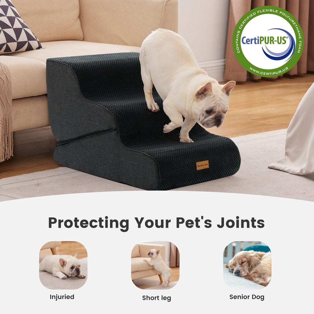 Gardner Pet stairs anti-slip-base, stable footing on hardwood and carpet.