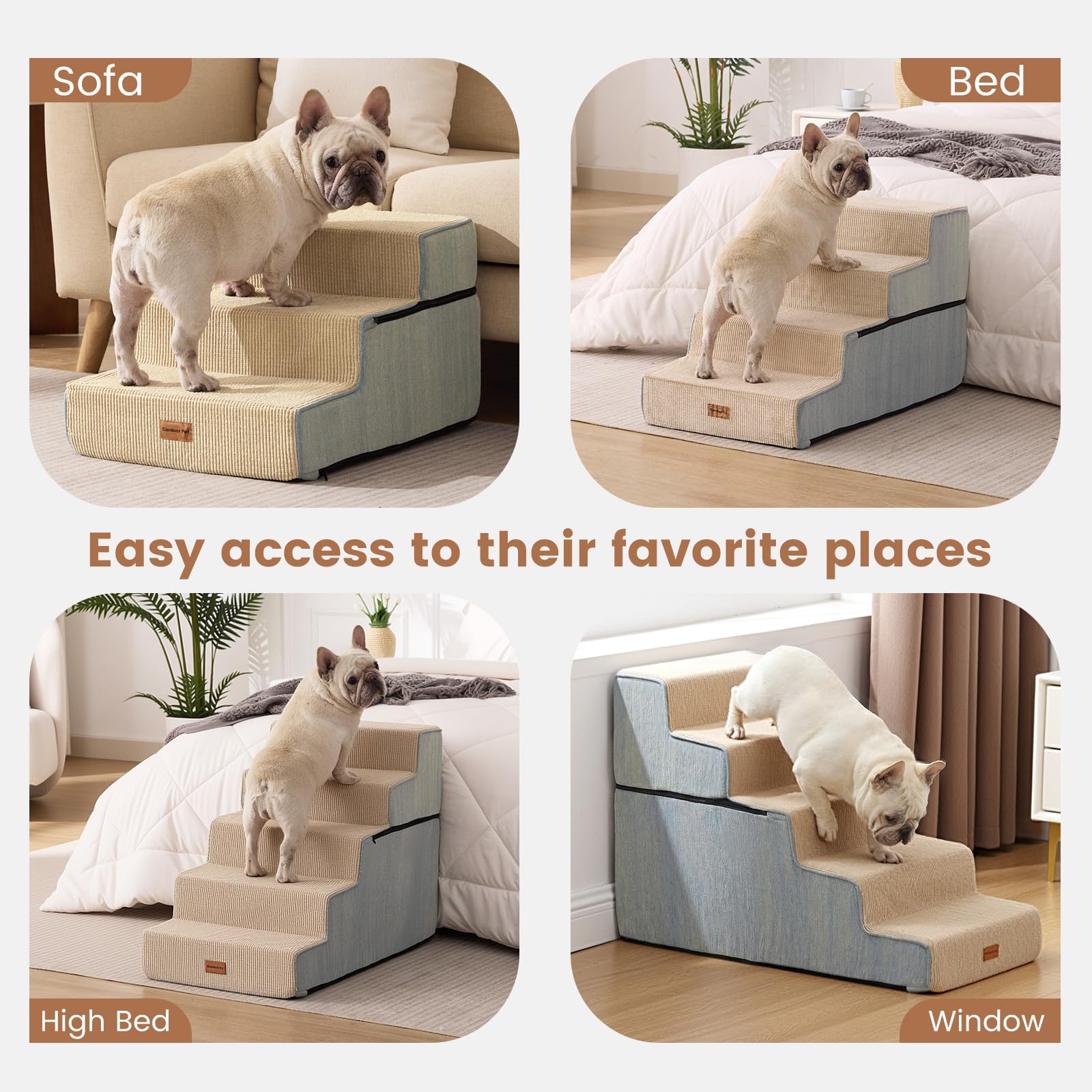 Gardner Pet dog stairs shown on a couch for safe climbs