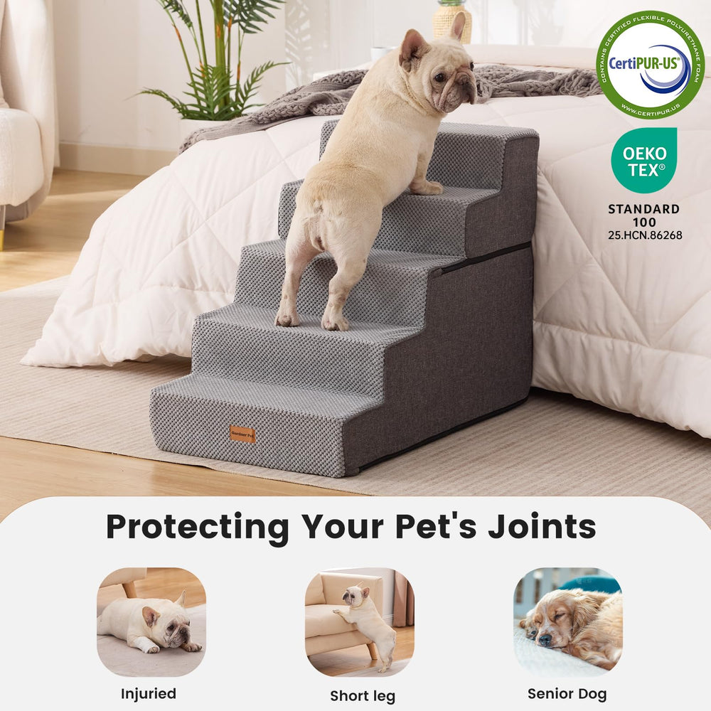 Gardner Pet foldable stairs double as a cozy bed when not in use.