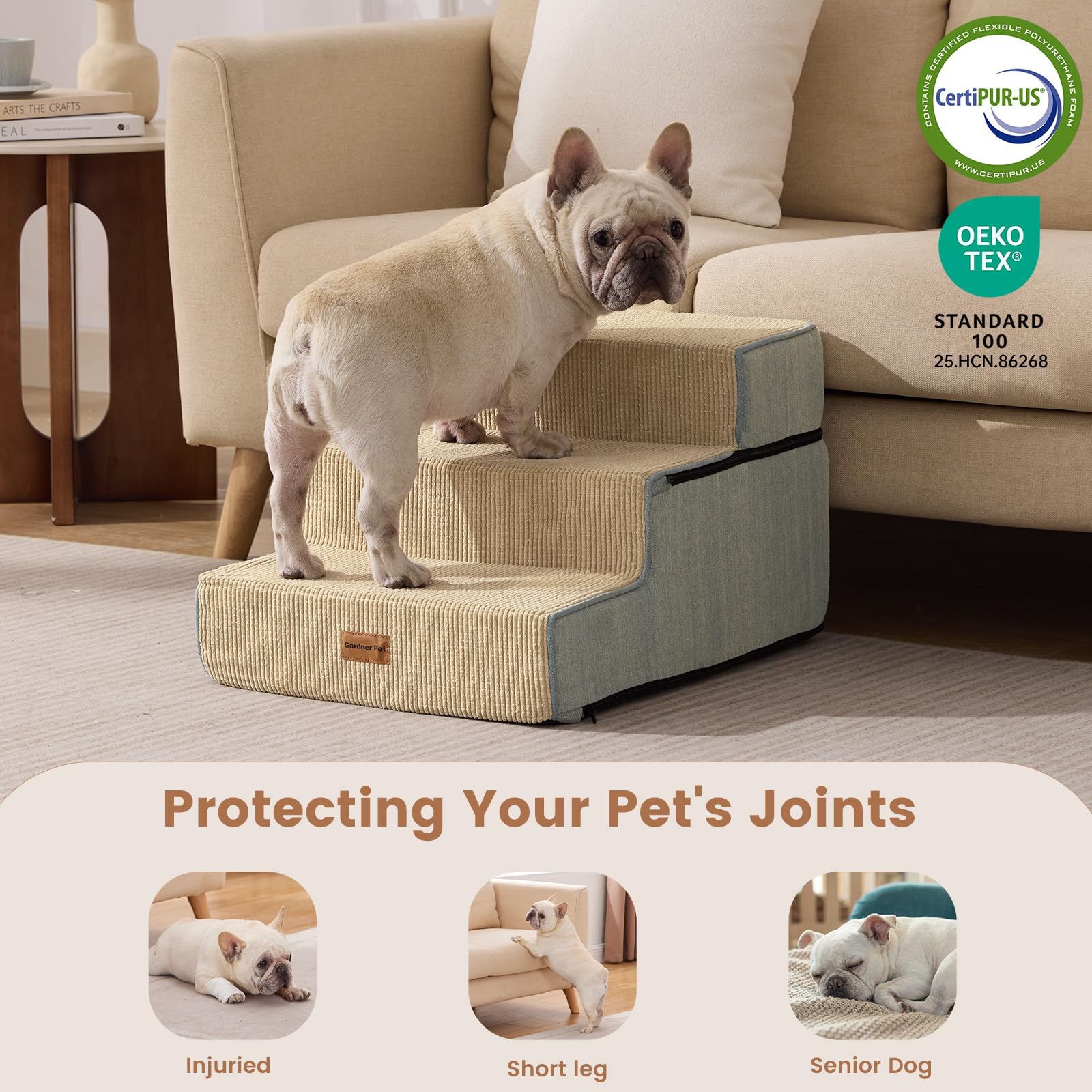 Gardner Pet stairs with machine-washable cover for quick cleanup