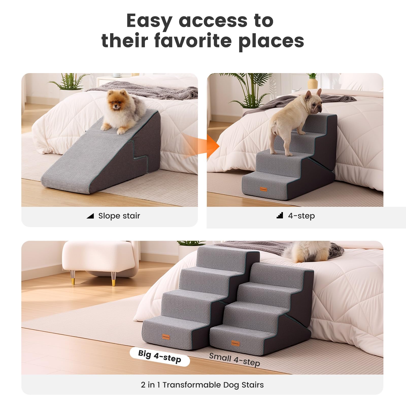 Gardner Pet dog stairs in gray fabric beside a couch.