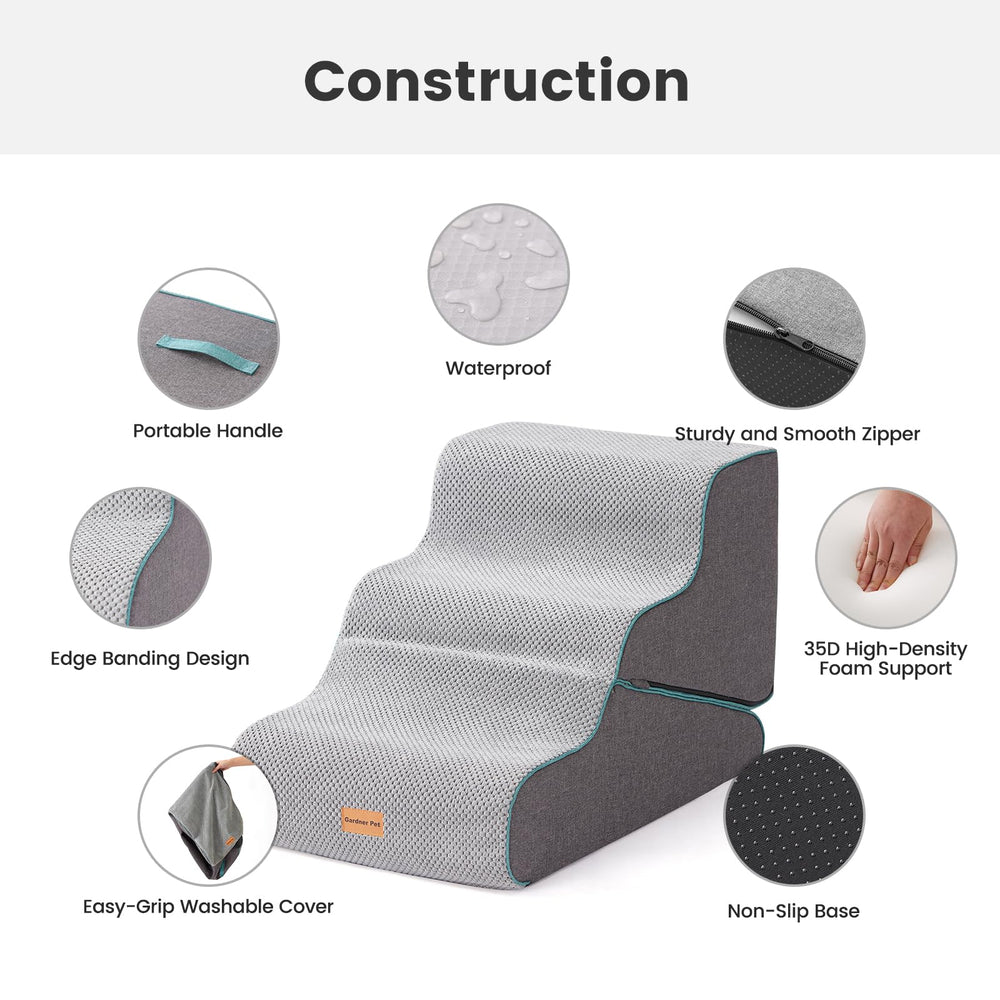 Gardner Pet waterproof cover protects the stairs and resists spills.