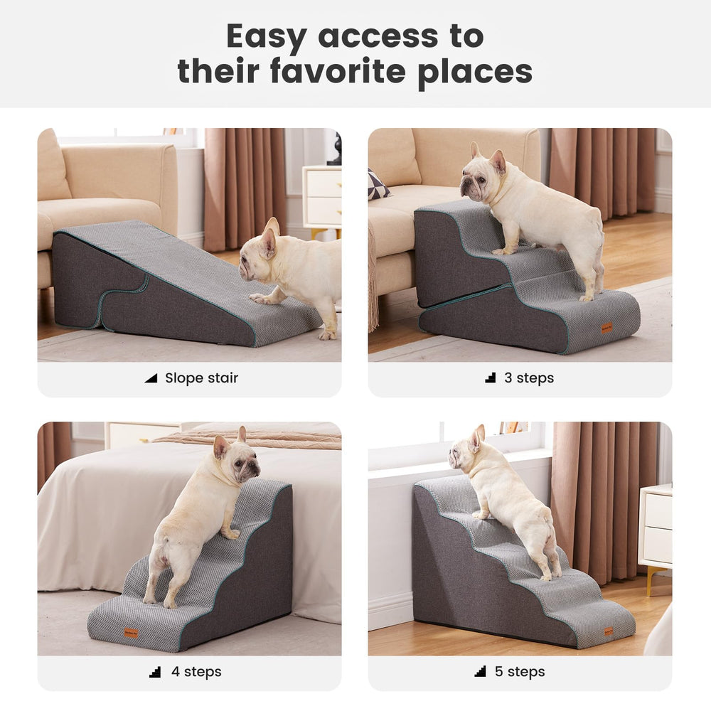 Gardner Pet dog uses stairs to reach sofa, reducing strain.