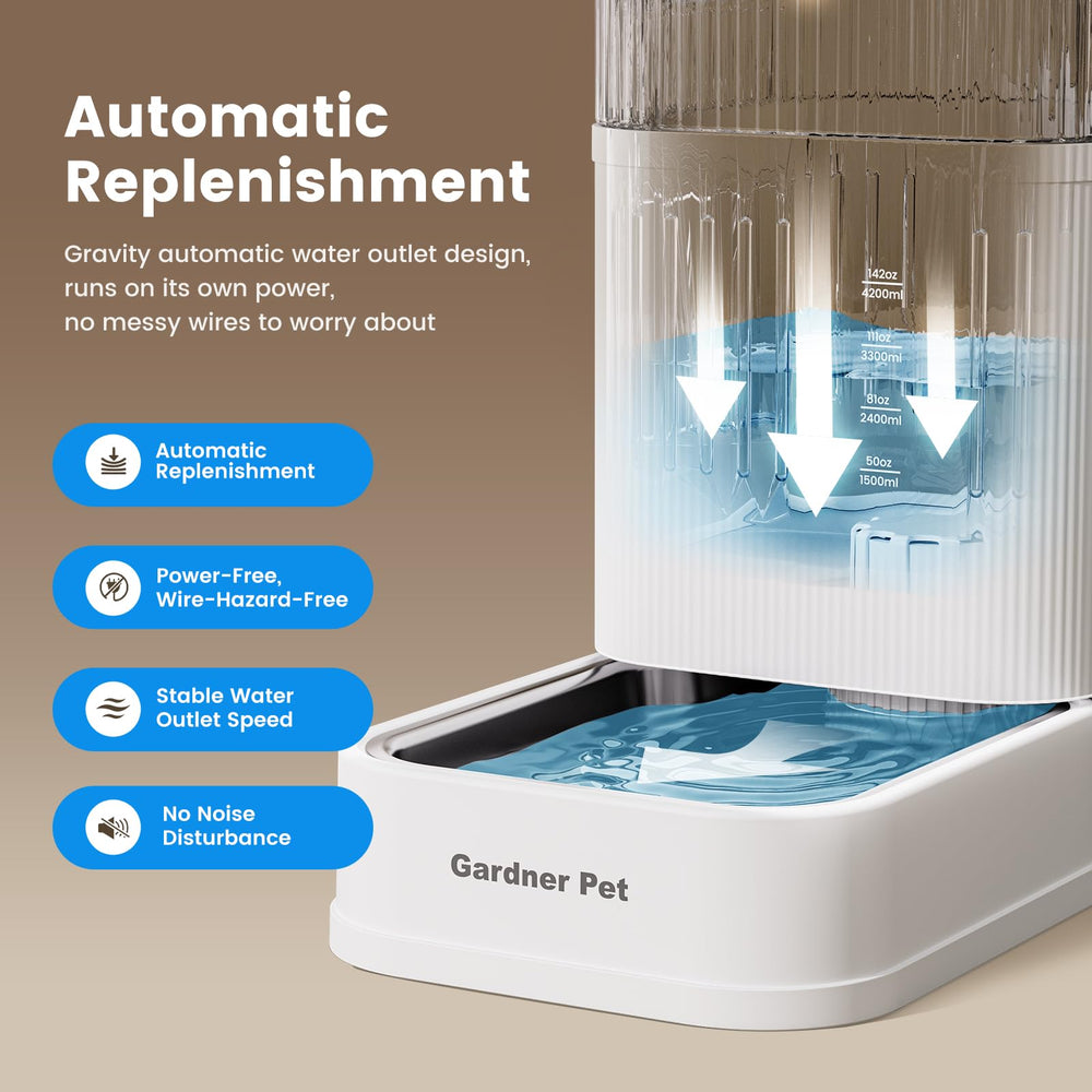 Gardner Pet gravity-fed dispenser operates quietly without electricity for reliable hydration.